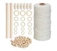 Relaxdays Juego Kit Macramé 73 Piezas, Principiantes, 109 m Hilo Algodón 3 mm, Cuentas, Palos y Anillos Madera, Blanco/Natural