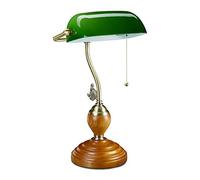 Relaxdays Lámpara Banquero, Interruptor de Cadena, Tulipa Inclinable, Base Madera, Vintage, Rosca E27, Luz Mesa, Verde