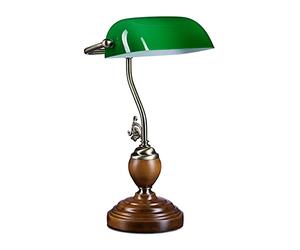 Relaxdays Lámpara Banquero, Retro, Luz Escritorio, Efecto Latón, Ornamentos ondulados, Madera, Cristal, Metal, Verde