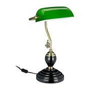 Relaxdays Lámpara Banquero Vintage, Tulipa Cristal Orientable, Zócalo Madera, E27, Luz Escritorio Retro, Verde y Negro