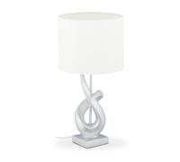 Relaxdays Lámpara Mesita Moderna, Diseño Abstracto, Luz Sobremesa, Pantalla Tela, E27, 50 x 25 cm, Plateado y Blanco