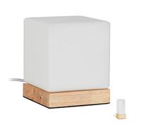 Relaxdays Lámpara de Mesa, Cubo, Salón y Dormitorio, Madera y Vidrio Opalino, E14, 15x12x12 cm, Blanco y Marrón Natural