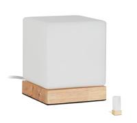 Relaxdays Lámpara de Mesa, Cubo, Salón y Dormitorio, Madera y Vidrio Opalino, E14, 15x12x12 cm, Blanco y Marrón Natural