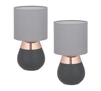 Relaxdays Lámpara de Mesa, Set 2, Base Metal, Pantalla Tela, E14, 32x18 cm, Lamparita Noche con Cable, Gris/Cobre