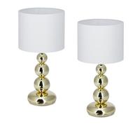 Relaxdays Lámpara de Mesa, Set 2, Base Metálica y Pantalla Tela, E27, 50x25, Lamparita Noche, Dormitorio, Blanco/Dorado