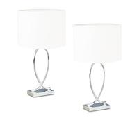 Relaxdays Lámpara de Mesa, Set 2, Base Metálica y Pantalla Tela, E27, 51 x 28 x 18 cm, Lamparita Noche, Plateado/Blanco