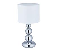 Relaxdays Lámpara Mesa con Esferas, Luz Mesita Noche, Pantalla Tela, 50x25cm, E27, Salón, Dormitorio, Plateada y Blanca
