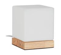 Relaxdays Lámpara Mesa Cubo, Luz Mesita Noche, E14, Vidrio Lechoso, Base Madera, Diseño Nórdico, 15 x 12 x 12 cm, Blanco