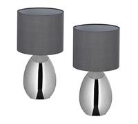 Relaxdays Lámpara Mesa, Set de 2, con Interruptor, Lamparita Noche, 3 Grados Luz, E14, 33,5 x 18 cm, Plateado/Gris