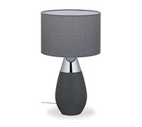 Relaxdays Lámpara Mesita de Noche Control Touch, Luz Sobremesa Táctil Pantalla Textil, 49x28 cm, E14, Gris y Plateado
