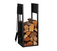 Relaxdays Leñero con Utensilios de Chimenea, Metal, 76,5 x 36 x 30 cm, Estante de Leña para Interior, Negro, Hierro