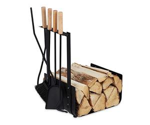 Relaxdays Leñero Metálico, Set Accesorios Chimenea, Pala, Escobilla, Tenazas y Atizador, Estantería Leña Interior, Negro