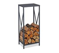 Relaxdays Leñero Vertical, Soporte Leña Metal, 80,5 x 34 x 25cm, Bandeja Leños Acero, Accesorio Chimenea, Interior, Gris