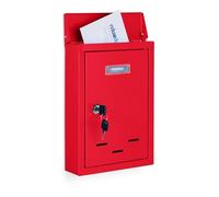 Relaxdays Letterbox with Nameplate Buzón Pared Vertical, Placa para Nombres, Metal, con 2 Llaves, de Exterior, Estrecho, 30,5 x 21 x 7 cm, Rojo