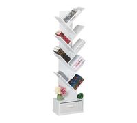 Relaxdays Estantería Libros, 9 Estantes, Librería Árbol, 146 x 38 x 22 cm, para CDs y DVDs, con Cajón, Salón, Blanco, Tela no Tejida, Tablero de Fibras, Cartón