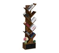 Relaxdays Estantería Libros, 9 Estantes, Librería Árbol, 146 x 38 x 22 cm, para CDs y DVDs, Salón, con Cajón, Marrón, Tablero de Fibras, Cartón, Tela no Tejida