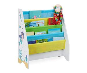 Relaxdays Librería Infantil, 4 Bolsas Tela Colgantes, Diseño Sirenas, Estantería Libros, 71 x 62 x 29 cm, Multicolor