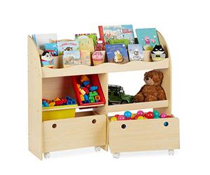Relaxdays Librería Infantil, Estantería para Niños, Guarda Juguetes con Cajas Almacenaje, DM, 88 x 108 x 29 cm, Beige