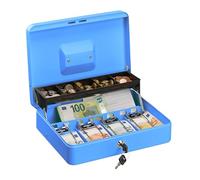 Relaxdays Lockable Cash Box Caja Dinero con Llave, Bandeja Monedas y 4 Compartimentos Billetes, Cajita Hierro, 8,5x30,5x24,5 cm, Azul