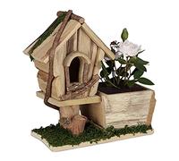 Relaxdays Pflanzgefäß mit Vogelhaus Maceta de Madera con Pajarera Ornamental, Corteza, Musgo, Macetero Cuadrado, Interior, Exterior, Natural/Verde, 25 x 23 x 12 cm