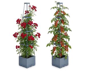 Relaxdays Macetero con Soporte para Enredaderas, Juego de 2 Unidades, Tomates, Rosas, autoriego, 145 x 25 x 25 cm, Torre de plantación, Color Gris