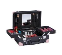 Relaxdays Valigetta per Trucchi con Specchio Maletín Maquillaje, para Esmaltes, Sombras, Estuche Make-Up con Espejo, 12,5 x 31 x 23 cm, Vacío, Negro/Rosa