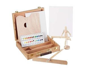 Relaxdays Maletín Pinturas Acrílicas con Maniquí Articulado, Paleta, Pinceles, Caballete y Lienzo, Madera, 22 Piezas