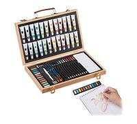 Relaxdays Maletín Pinturas con Goma, Sacapuntas, Lápices y Lapiceros Color, Madera, 56 Piezas, Acuarelas, Marrón