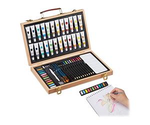 Relaxdays Maletín Pinturas con Goma, Sacapuntas, Lápices y Lapiceros Color, Madera, 56 Piezas, Acuarelas, Marrón