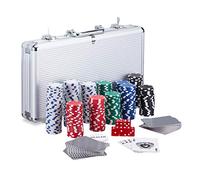 relaxdays Maletín Póker con Llave, Set con 300 Fichas, 2 Barajas, 5 Dados y Botón Dealer, Aluminio-Plástico, Plateado