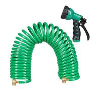Relaxdays Manguera Espiral, Extensible hasta 10 Metros, Manga de Jardín con Pistola de Riego, 7 Tipos de Chorro, Verde, Latón, 25 x 52 x 15 cm
