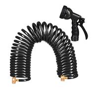 Relaxdays Manguera Espiral, Extensible hasta 10 Metros, Manga de Jardín con Pistola de Riego, 7 Tipos de Chorro, Negro, 25 x 52 x 15 cm