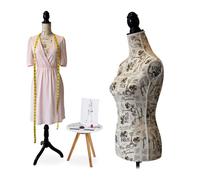 Maniquí Relaxdays, Mujer, Talla 36/38, Altura Ajustable 160-175 cm, Base de Madera, diseño Urbano, Color Crema/Negro