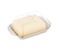 Relaxdays Mantequera con Tapa, Mantequillera Acero INOX. y Plástico, Mantequilla, 5,5x18x11cm, Plata/Transparente