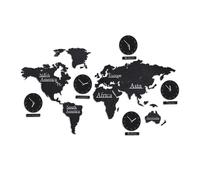 Relaxdays Mapa Mundo Madera con 5 Relojes, 10 Nombres de Ciudades, Mapamundi 3D, con Plantilla, 61x113 cm, Negro, Tablero de Fibras, 61 x 113 cm