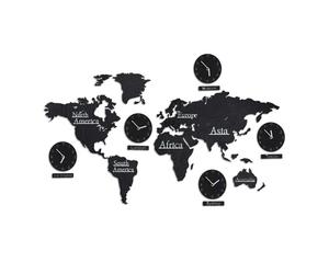 Relaxdays Mapa mundi de madera con 5 relojes negro,plata