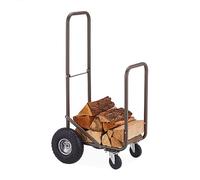 Relaxdays marrón Carro para Leña con Neumáticos, Leñero Rondante para hasta 60 kg, Carretilla Troncos de 33 cm, Acero, Caucho, 108 x 52 x 56 cm