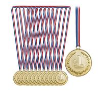 Relaxdays Medallas Oro Niños Primer Lugar, Set 12, Ø 7 cm, Plástico, Cinta, Cumpleaños Infantiles, Distinciones, Dorado