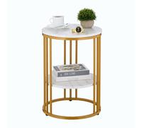 Relaxdays Mesa Auxiliar, 2 Baldas, Efecto Mármol, para Salón, Metal & MDF, Mesita Redonda Sofá, 56x40 cm, Blanco/Dorado, 40% Tablero de Fibra 60% Hierro, 56x40