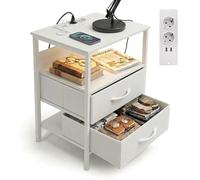 Relaxdays Mesa Auxiliar con luz LED, enchufes y USB, 2 cajones, Blanca | 60 x 40 x 30 cm, mesita de noche