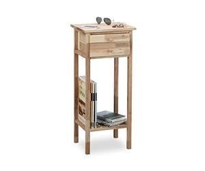 Relaxdays Mesa Auxiliar de Madera, Mesita de Noche de Nogal, 2 Niveles, con cajón, Estrecha HxLxP: 80x35x30 cm, Natural, marrón