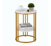 Relaxdays Mesa Auxiliar, 2 Baldas, Efecto Mármol, para Salón, Metal & MDF, Mesita Redonda Sofá, 56x40 cm, Blanco/Dorado