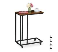 Relaxdays Mesa Auxiliar Forma C, 79 x 60 x 30 cm, Mesita con Ruedas, para bajo el Sofá, Metal y MDF, Marrón y Negro