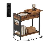 Relaxdays Mesa Auxiliar Industrial con enchufes y USB, Bolsillo Lateral, 60x30x31,5 cm, Negro/marrón