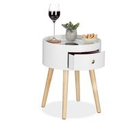 Relaxdays Mesa Auxiliar Redonda, con Cajón, Mesita de Noche Nórdica, DM y Madera, 1 Ud., 46 x 38 cm, Blanca y Beige