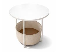 Relaxdays Mesa Auxiliar Redonda con Cesta de Tela, MDF y Metal, 50 x 45 cm, salón o Dormitorio, Blanco-Beige