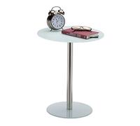 Relaxdays Mesa Auxiliar Redonda, Cristal-Acero Inoxidable, Blanco, 53 x 43 x 43 cm