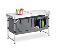 Relaxdays Mesa Camping Plegable, Altura Regulable, Estable, Almacenaje, Aluminio y MDF, 120 x 47 cm, Plateado/Blanco, Tablero de Fibras