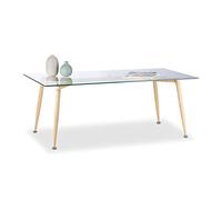 Relaxdays Mesa Centro de Cristal con Patas Efecto Madera, Vidrio Templado y Metal, Transparente-marrón, 45 x 120 x 60 cm