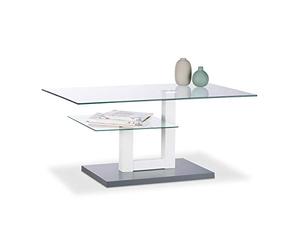Relaxdays Mesa Centro de Cristal Rectangular con Repisa para Salón, Gris, Vidrio, Metal y DM, 45 x 100 x 60 cm
